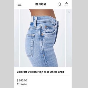 NWT* RE/DONE Comfort Stretch High Rise Ankle Jeans